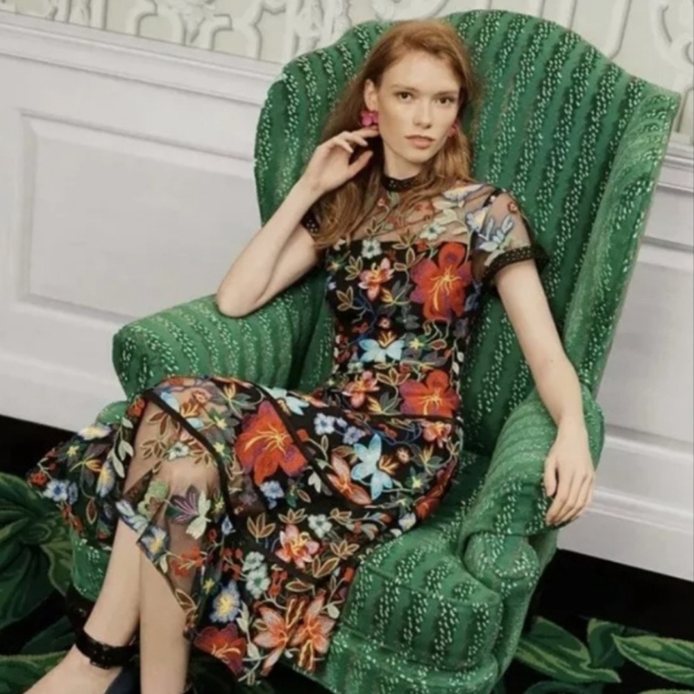 Anthropologie Vone Janine Embroidered Dress Floral Tiered Dress